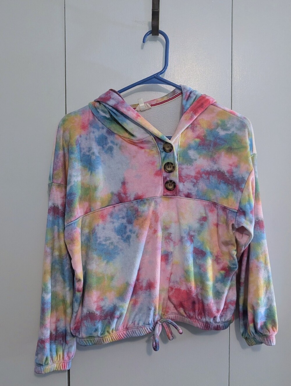 Self Esteem Pastel Tie-Dye Button Cropped Hoodie Top Soft Rainbow Girls Large